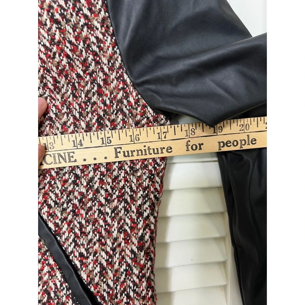 BCBG MAX AZRIA Tweed Jacket Faux Leather Sleeves Womens XS Red Black Zip